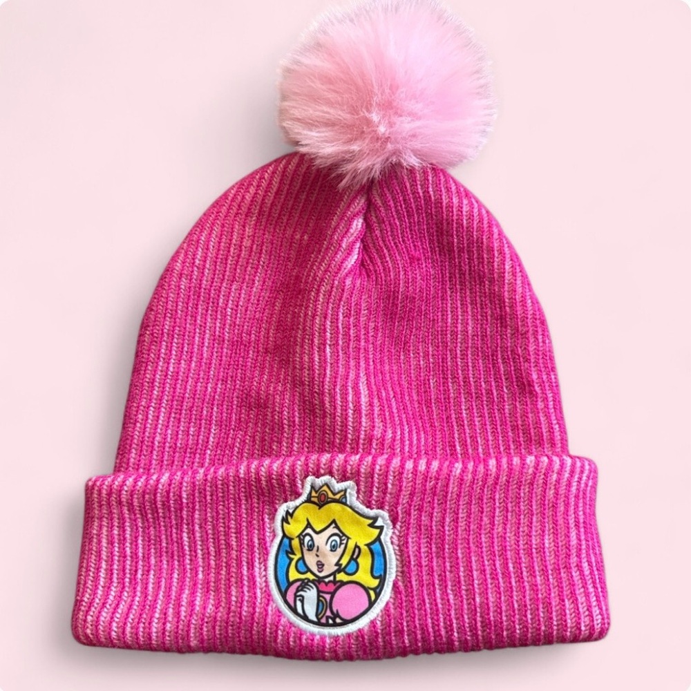 Nintendo Pink Ribbed Pom Beanie Hat with Princess Patch